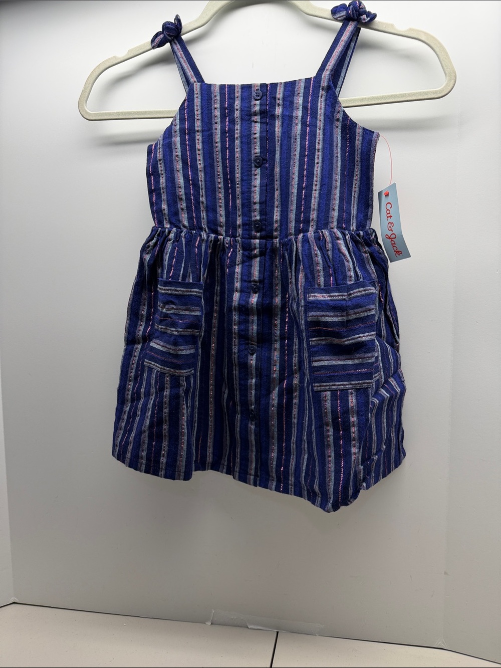 Cat & Jack Baby Girl Navy Blue Striped Metallic Lurex Pinafore Dress NWT